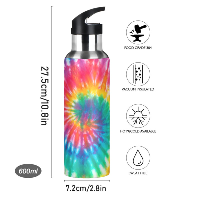 BOENLE Tie Dye Rainbow Water Bottle Girls Insulated Thermos Kids Women Stainless Steel Hot Cold Water Flask Jug Straw Lid for Sports Gym Running 20 oz - Image 4